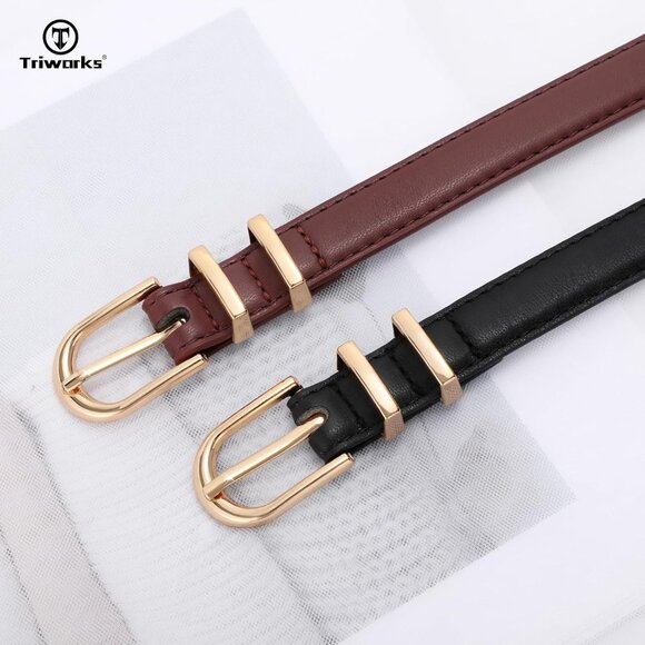 2 Pack Women's Skinny Leather Belts Black Wine Red Thin Faux with Gold Buckle - Picture 4 of 6
